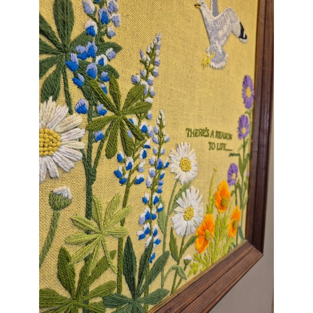Vintage Crewel Embroidery Framed Art Seagull Wildflowers Jonathan Livingston 70s
